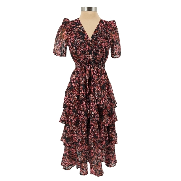 Hale Bob Dresses & Skirts - Hale Bob Jade Fit Flare Tiered Midi Dress Floral Ruffle Short Sleeve V Neck XS